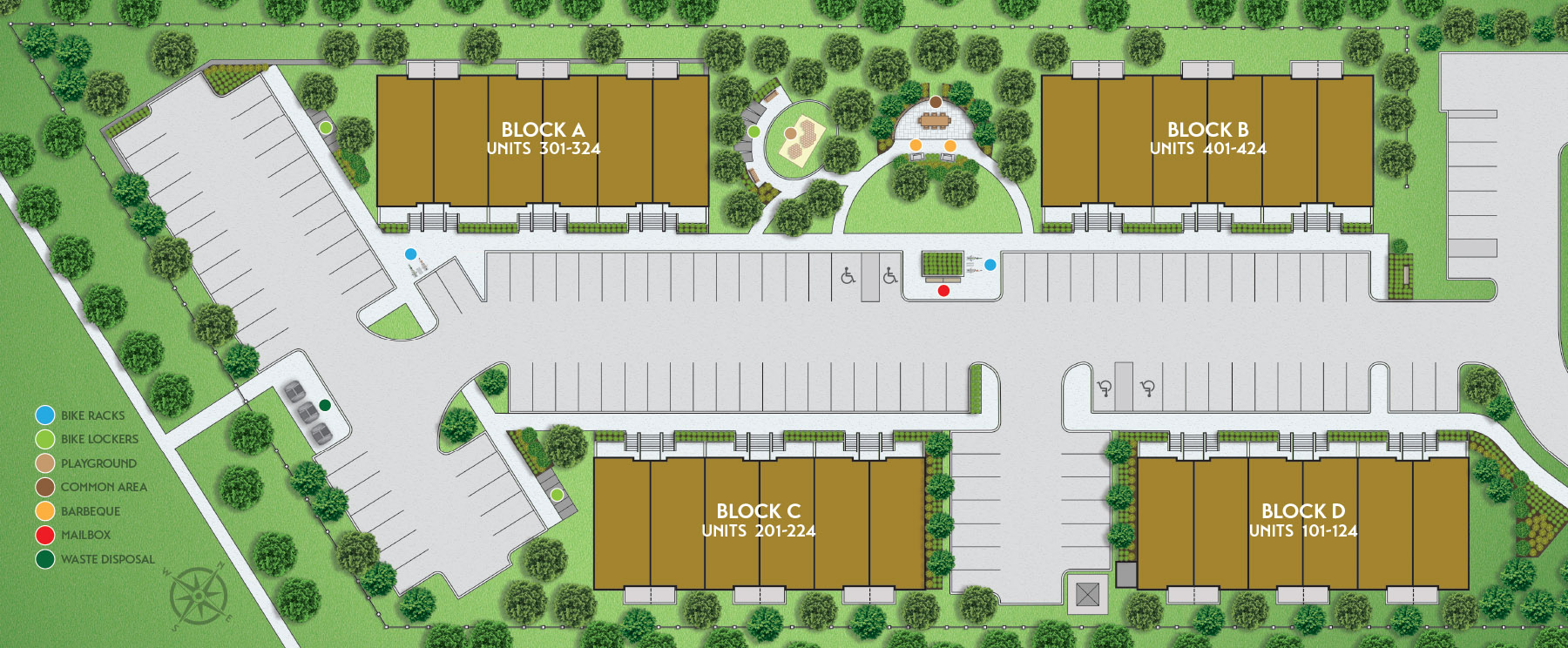 Site plan · Blocks A–D